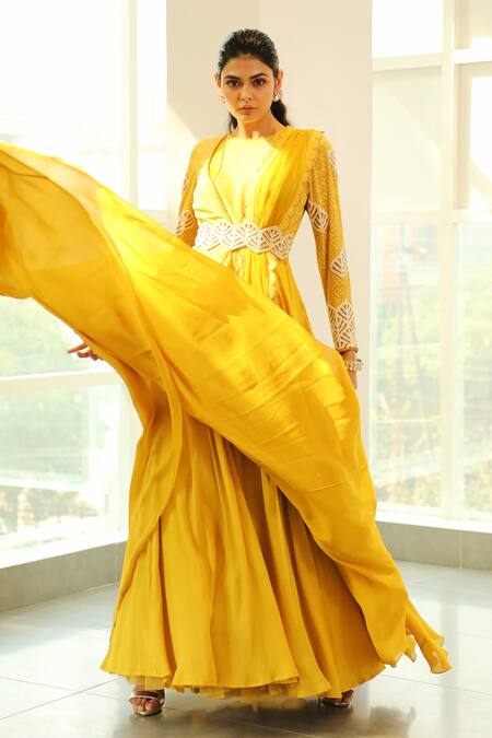 Vidushi Gupta_Yellow Chiffon And Net Geometric Hand Block Print, Resham & Anarkali With Dupatta_Online_at_Aza_Fashions