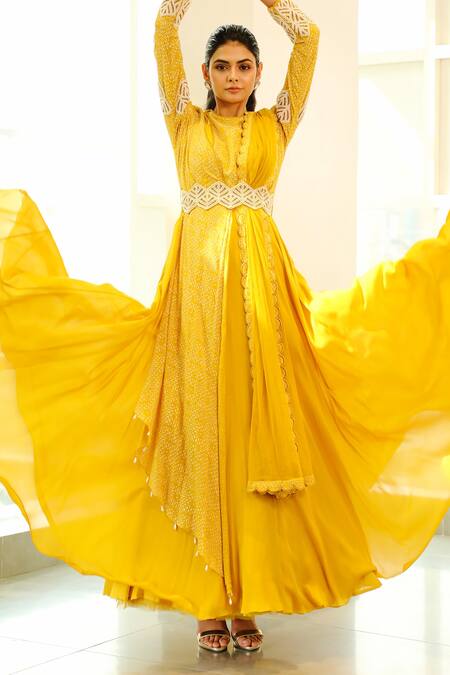 Buy_Vidushi Gupta_Yellow Chiffon And Net Geometric Hand Block Print, Resham & Anarkali With Dupatta_Online_at_Aza_Fashions