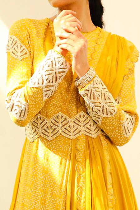 Shop_Vidushi Gupta_Yellow Chiffon And Net Geometric Hand Block Print, Resham & Anarkali With Dupatta_Online_at_Aza_Fashions