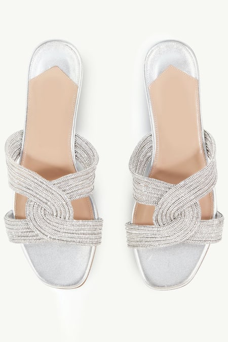 Shop Sephyr Silver Vhagar Swarovski Embellished Flats at Aza Fashions Shop_Sephyr_Silver Vhagar Swarovski Embellished Flats _at_Aza_Fashions