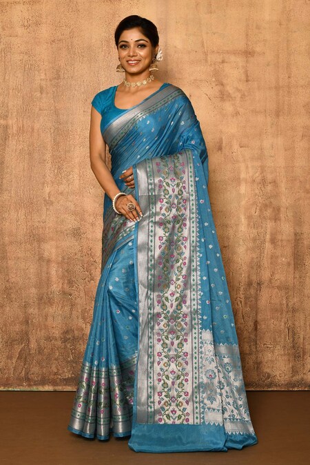 Turquoise Art Silk Saree Sari fabric India Golden Border