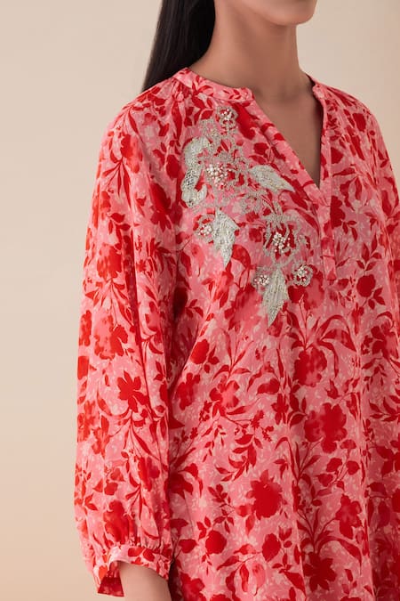 Shop_Viam_Pink Silk Crepe Embroidery Mandarin Collar Floral Motif Kurta And Pant Set _Online_at_Aza_Fashions