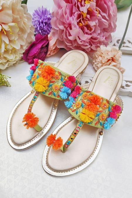 House Of Vian_Multi Color Embroidered Kolhapuri Flats _Online_at_Aza_Fashions