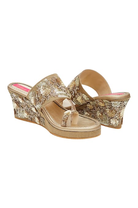 House Of Vian_Gold Embroidery Bloom Treasure Vegan Leather Wedges _Online_at_Aza_Fashions