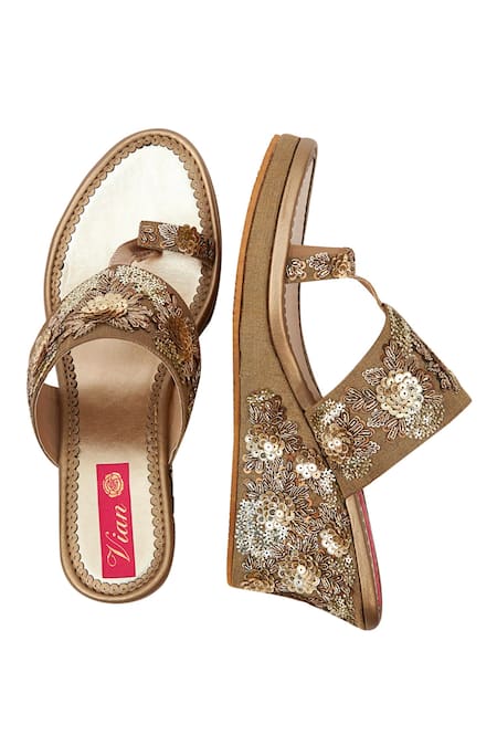 Buy_House Of Vian_Gold Embroidery Bloom Treasure Vegan Leather Wedges _Online_at_Aza_Fashions