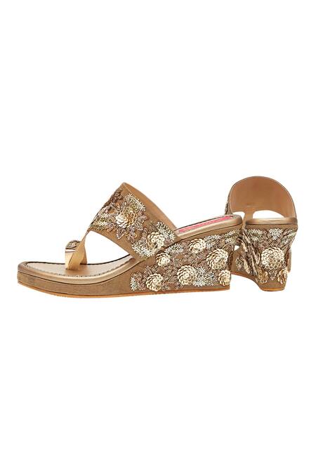 Shop_House Of Vian_Gold Embroidery Bloom Treasure Vegan Leather Wedges _Online_at_Aza_Fashions