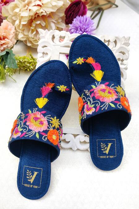 House Of Vian_Blue Embroidered Kolhapuri Flats_Online_at_Aza_Fashions