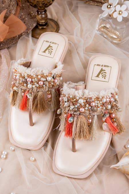 House of Vian White Beads Embellished Flats 