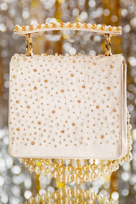 House Of Vian Gold Mirrors, Beads, Pearls Embellished Clutch With Sling Online at Aza Fashions House Of Vian_Gold Mirrors, Beads, Pearls Embellished Clutch With Sling _Online_at_Aza_Fashions