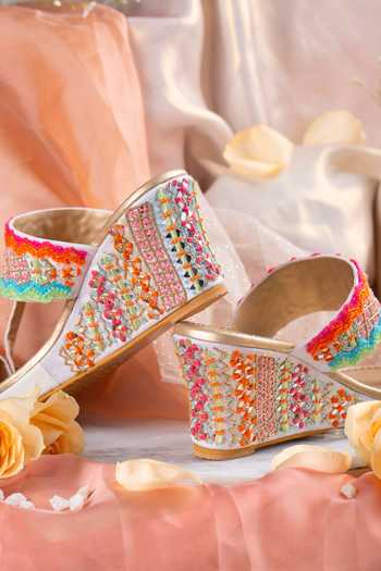House Of Vian_Multi Color Zari, Pearls Embroidered Kolhapuri Wedges _Online_at_Aza_Fashions