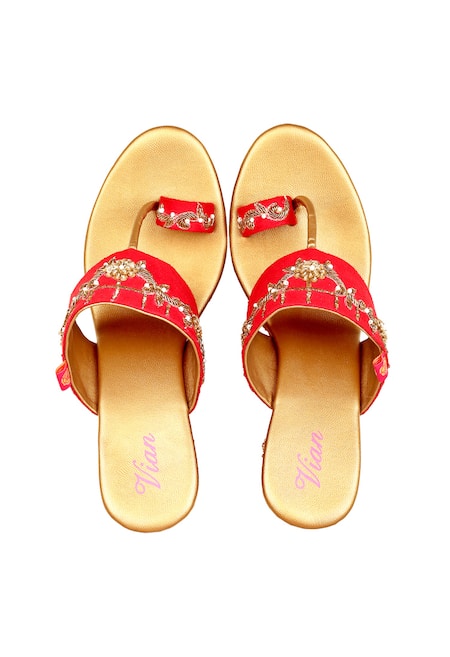 House of Vian Red Embroidered Leather Wedges