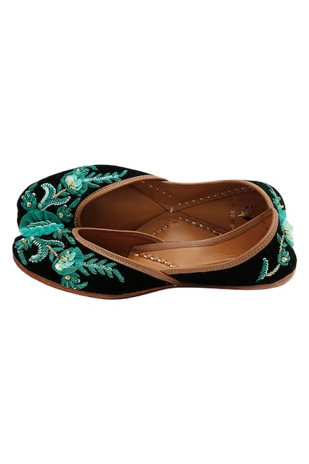 House Of Vian Green Rufat Floral Embellished Velvet Juttis 