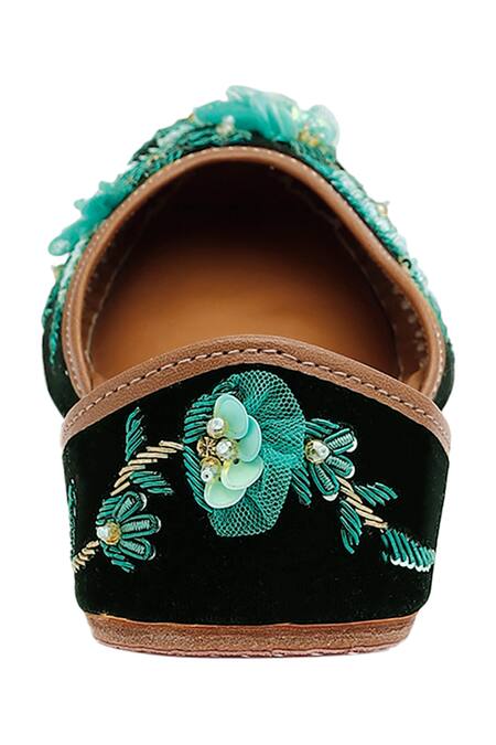 House Of Vian_Green Rufat Floral Embellished Velvet Juttis _Online_at_Aza_Fashions