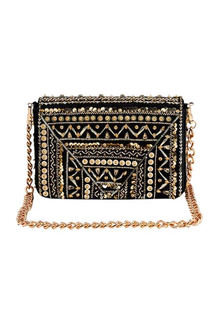 House Of Vian Black Embroidery Ruhaaniyat Embellished Suede Flap Clutch With Sling 