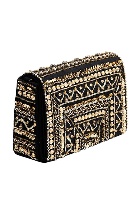 House Of Vian_Black Embroidery Ruhaaniyat Embellished Suede Flap Clutch With Sling _Online_at_Aza_Fashions