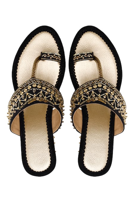 House Of Vian_Black Beads, Embroidery Ruhaaniyat Vegan Leather Embellished Suede Wedges _Online_at_Aza_Fashions