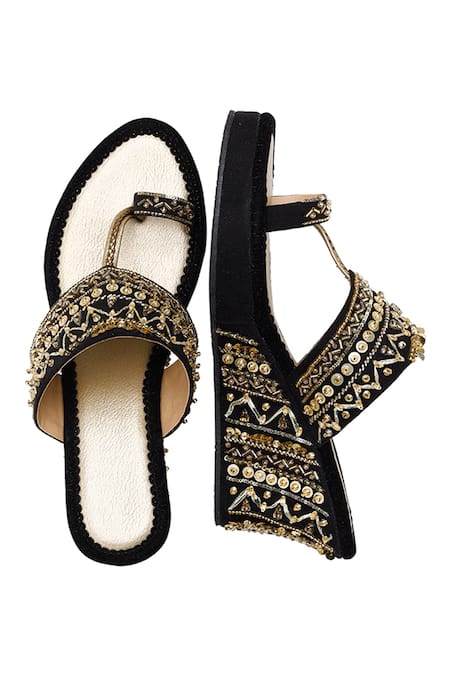 Buy_House Of Vian_Black Beads, Embroidery Ruhaaniyat Vegan Leather Embellished Suede Wedges _Online_at_Aza_Fashions
