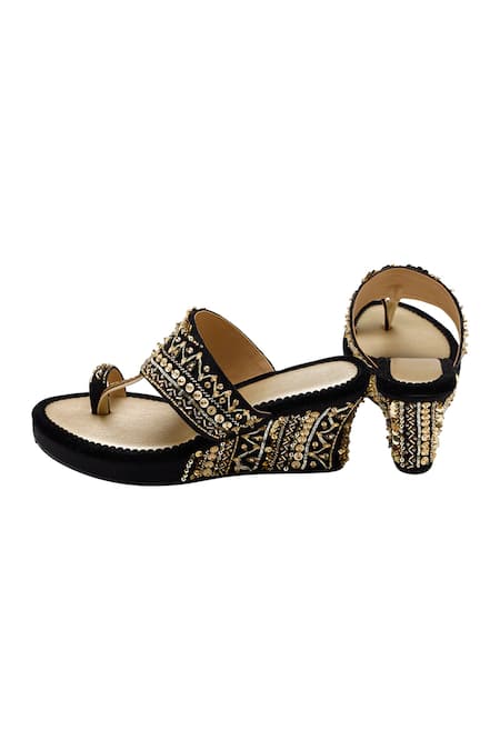 Shop_House Of Vian_Black Beads, Embroidery Ruhaaniyat Vegan Leather Embellished Suede Wedges _Online_at_Aza_Fashions