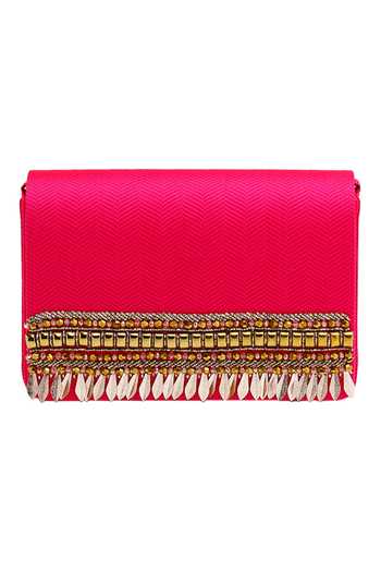 House Of Vian_Pink Sequins, Beads Chevron Pattern Embroidered Flap Clutch _Online_at_Aza_Fashions