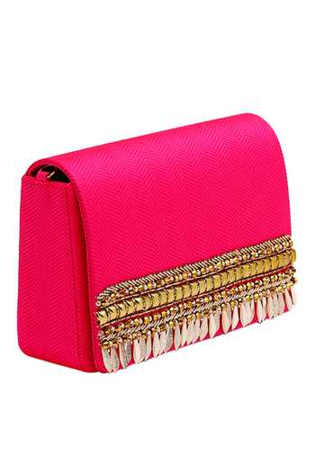 Buy_House Of Vian_Pink Sequins, Beads Chevron Pattern Embroidered Flap Clutch _Online_at_Aza_Fashions