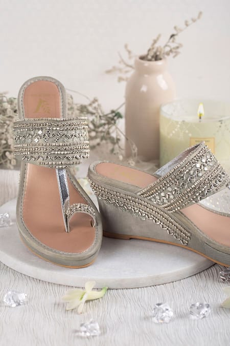 House of Vian Silver Embroidered Kolhapuri Wedges