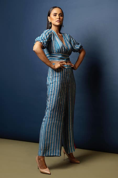 Nautanky_Blue Natural Crepe Embroidery V Neck Striped Crop Top And Pant Set _Online_at_Aza_Fashions