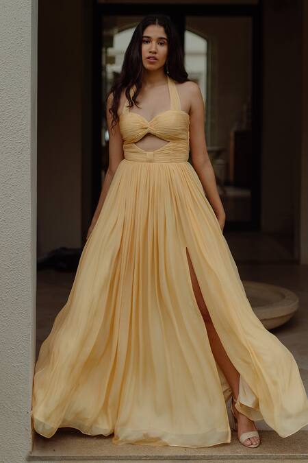 Pinup By Astha_Yellow Flat Chiffon Sweetheart Neck Vienna Draped Gown _Online_at_Aza_Fashions