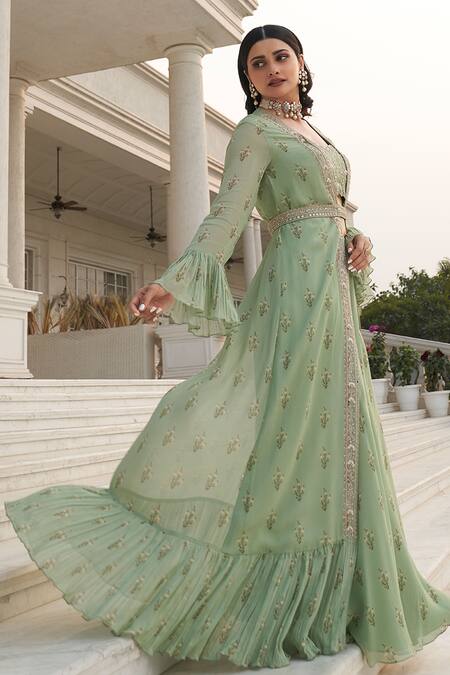 Shop_Sana Barreja_Green Georgette V Neck Floral Print Sabeen Jacket And Sharara Set _Online_at_Aza_Fashions