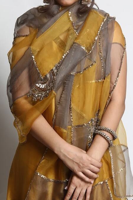 Mona And Vishu Gold Dupatta Organza, Kurta Dupion Silk, Sharara Georgette Sequins, And Set Online at Aza Fashions Mona And Vishu_Gold Dupatta Organza, Kurta Dupion Silk, Sharara Georgette Sequins, And Set _Online_at_Aza_Fashions