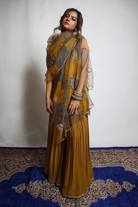 Buy Mona And Vishu Gold Dupatta Organza, Kurta Dupion Silk, Sharara Georgette Sequins, And Set Online at Aza Fashions Buy_Mona And Vishu_Gold Dupatta Organza, Kurta Dupion Silk, Sharara Georgette Sequins, And Set _Online_at_Aza_Fashions