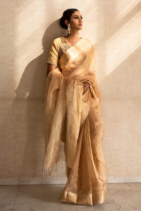 Shop_Priyanka Raajiv_Gold Silk Tissue Maheshwari Woven Thread Saree _at_Aza_Fashions