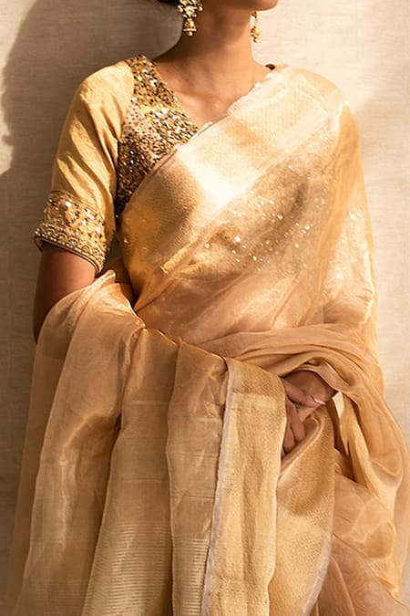 Shriya Saran Crafts Traditional Glam In South Gold Silk Saree With Stones  Embedded Blouse