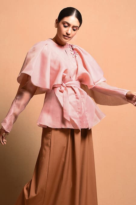 Vivek Patel Pink Organza Polyester Round Ruffle Sleeve Top