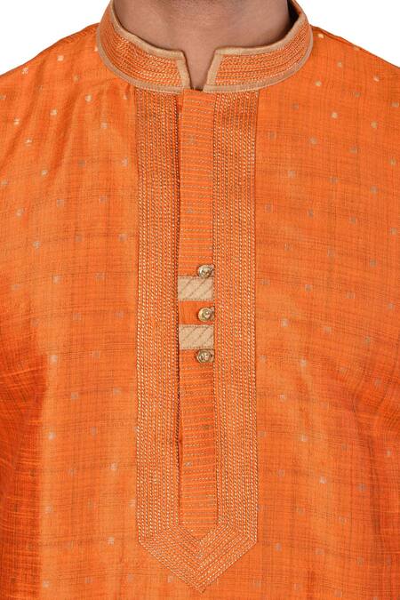 Aryavir Malhotra_Orange Mulbary Butti Silk Embroidered Kurta Set _at_Aza_Fashions