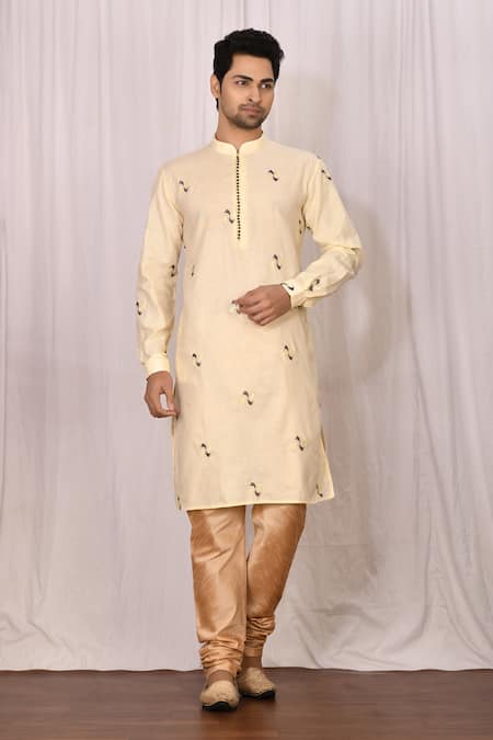 Buy Beige Kurta: Cotton; Churidar: Art Silk Embroidered Resham Set For Men  by Samyukta Singhania Online at Aza Fashions.