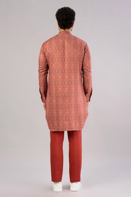 Shop Varenya Red Poly Viscose Geometric Print Kurta at Aza Fashions Shop_Varenya_Red Poly Viscose Geometric Print Kurta_at_Aza_Fashions