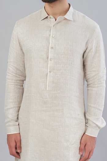 Varenya_Beige Pure Linen Textured Kurta _Online_at_Aza_Fashions