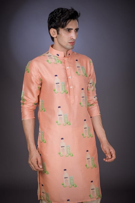 Buy_Eleven Brothers_Peach Mulberry Silk Printed Kurta Set _Online_at_Aza_Fashions