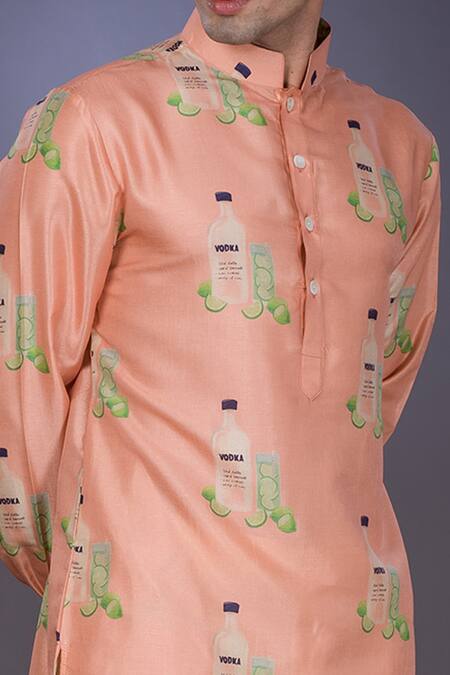 Shop_Eleven Brothers_Peach Mulberry Silk Printed Kurta Set _Online_at_Aza_Fashions