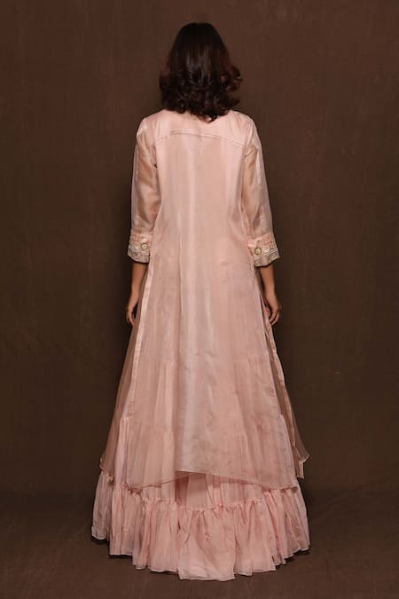 Shop Vara By Vibha N Priti Pink Organza, Chiffon Round Tiered Gown With Embroidered Jacket at Aza Fashions Shop_Vara By Vibha N Priti_Pink Organza, Chiffon Round Tiered Gown With Embroidered Jacket _at_Aza_Fashions