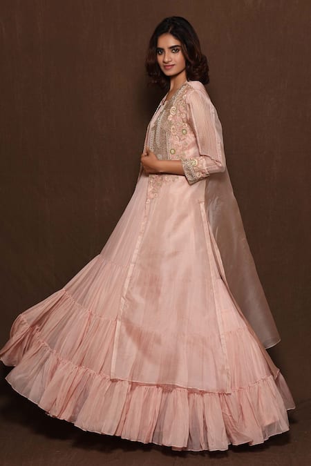 Vara By Vibha N Priti Pink Organza, Chiffon Round Tiered Gown With Embroidered Jacket Online at Aza Fashions Vara By Vibha N Priti_Pink Organza, Chiffon Round Tiered Gown With Embroidered Jacket _Online_at_Aza_Fashions