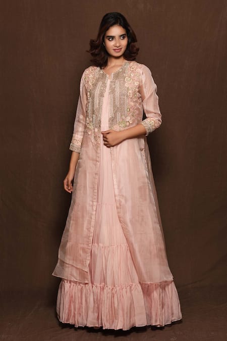 Buy Vara By Vibha N Priti Pink Organza, Chiffon Round Tiered Gown With Embroidered Jacket Online at Aza Fashions Buy_Vara By Vibha N Priti_Pink Organza, Chiffon Round Tiered Gown With Embroidered Jacket _Online_at_Aza_Fashions