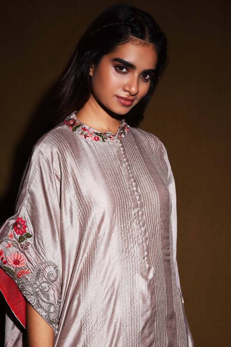 Buy_Vara By Vibha N Priti_Silver Silk Chanderi Round Tunic And Pant Set _Online_at_Aza_Fashions