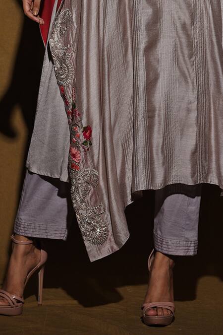 Shop_Vara By Vibha N Priti_Silver Silk Chanderi Round Tunic And Pant Set _Online_at_Aza_Fashions