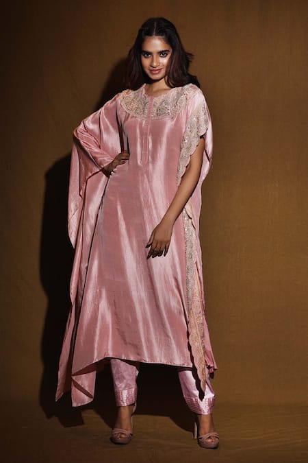 Vara By Vibha N Priti Pink Habutai Silk Round Asymmetric Tunic And Pant Set
