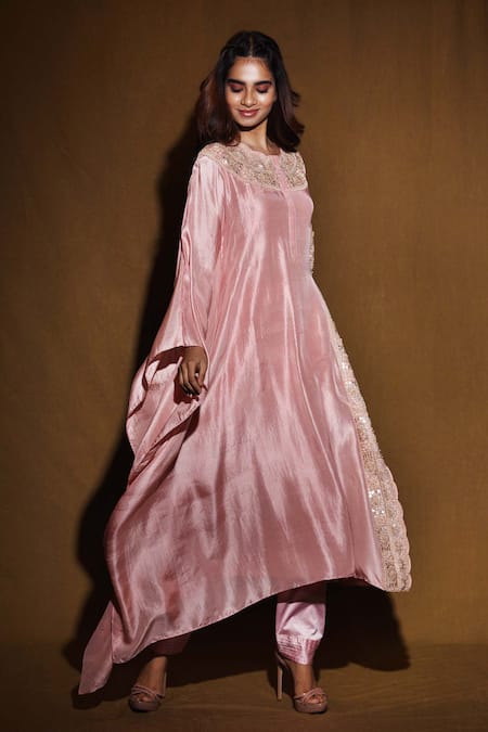 Vara By Vibha N Priti Pink Habutai Silk Round Asymmetric Tunic And Pant Set Online at Aza Fashions Vara By Vibha N Priti_Pink Habutai Silk Round Asymmetric Tunic And Pant Set _Online_at_Aza_Fashions