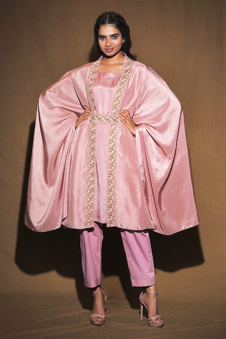 Buy Vara By Vibha N Priti Pink Habutai Silk Jacket Open Kurta Round Embroidered And Set Online at Aza Fashions Buy_Vara By Vibha N Priti_Pink Habutai Silk Jacket Open Kurta Round Embroidered And Set _Online_at_Aza_Fashions