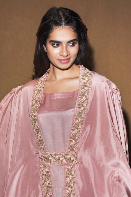 Shop Vara By Vibha N Priti Pink Habutai Silk Jacket Open Kurta Round Embroidered And Set Online at Aza Fashions Shop_Vara By Vibha N Priti_Pink Habutai Silk Jacket Open Kurta Round Embroidered And Set _Online_at_Aza_Fashions