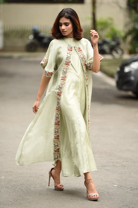 Vara By Vibha N Priti_Green Organza, Munga Silk Round Jumpsuit With Jacket _Online_at_Aza_Fashions