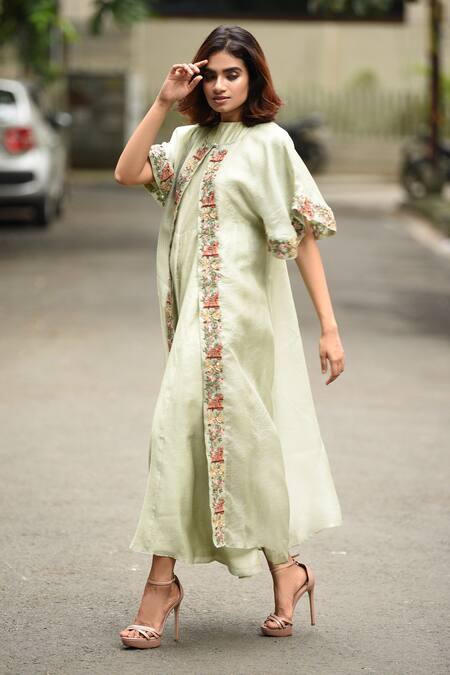 Buy_Vara By Vibha N Priti_Green Organza, Munga Silk Round Jumpsuit With Jacket _Online_at_Aza_Fashions